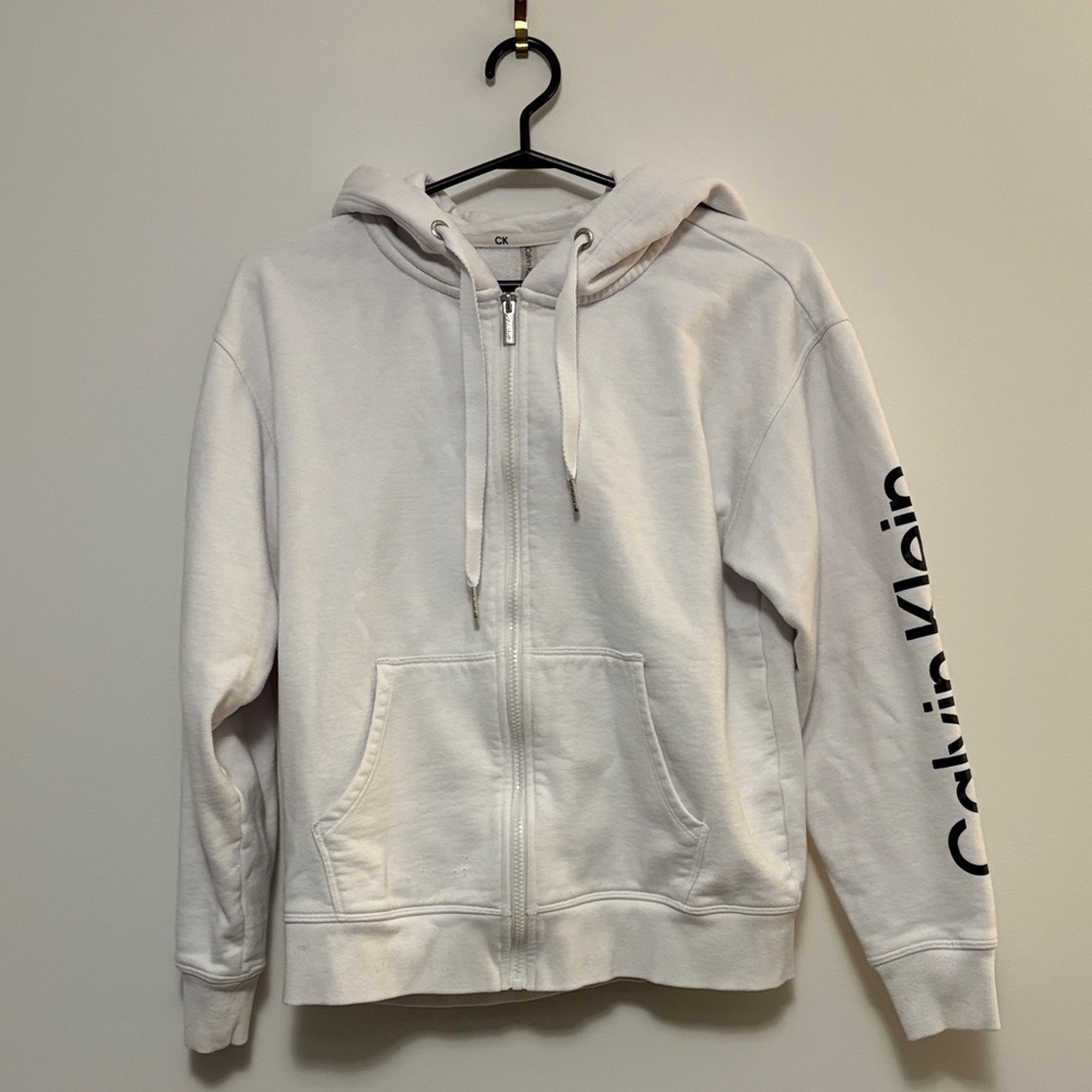 Calvin Klein White Hoodie with Logo Sleeve